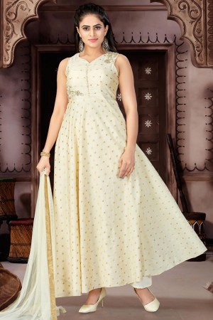 Lovely Cream Chanderi and Lycra Churidar Plus Size Readymade Gown With Chiffon Dupatta