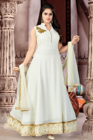 Admirable Cream Georgette and Lycra Churidar Plus Size Readymade Gown With Chiffon Dupatta