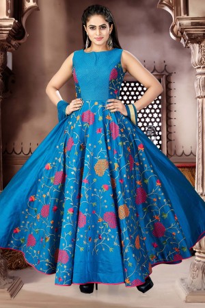Desirable Blue Chanderi and Lycra Churidar Plus Size Readymade Jewel Neck Style Gown