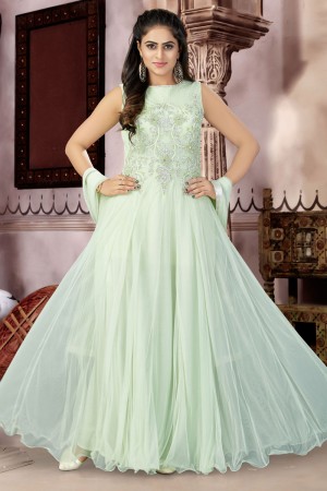 Ultimate Green Net Churidar Plus Size Readymade Gown with Chiffon Dupatta