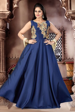 Supreme Navy Blue Chanderi Churidar Bottom Party Wear Plus Size Readymade Gown