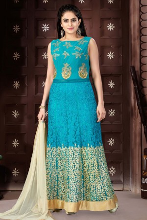 Lovely Sky Blue Chanderi Churidar Plus Size Readymade Gown With Chiffon Dupatta