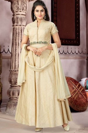 Desirable Beige Silk and Lycra Churidar Plus Size Readymade Gown