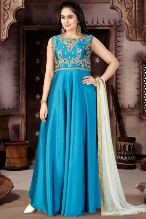 Graceful Blue Chanderi and Lycra Churidar Plus Size Readymade Gown With Chiffon Dupatta