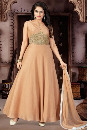Classic Chikoo Chanderi and Lycra Plus Size Readymade Gown With Chiffon Dupatta
