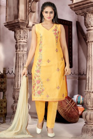 Charming Yellow Chanderi and Lycra Straight Pant Bottom Plus Size Readymade Salwar Suit