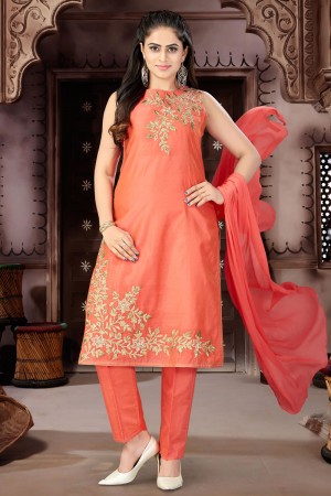 Classic Orange Chanderi Straight Pants Plus Size Readymade Salwar Suit with Chiffon Dupatta