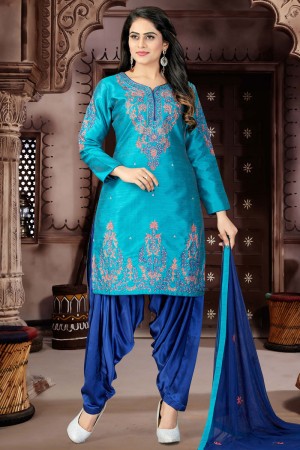 Ultimate Sky Blue Cotton and Chanderi Patiyala Bottom Plus Size Readymade Patiyala Salwar Suit with Chiffon Dupatta