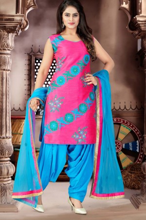 Pretty Pink Satin and Chanderi Patiyala Bottom Plus Size Readymade Patiyala Salwar Suit