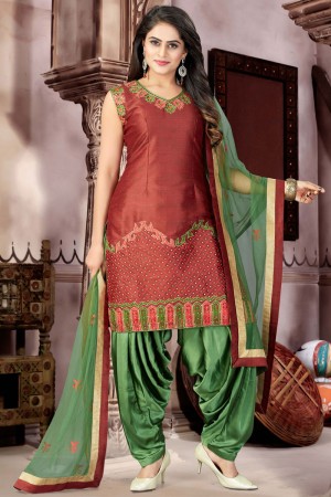 Graceful Brown Satin and Chanderi Patiyala Plus Size Readymade Patiyala Salwar Suit With Chiffon Dupatta