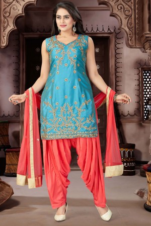 Gorgeous Sky Blue Satin and Patiyala Bottom Plus Size Readymade Patiyala Salwar Suit