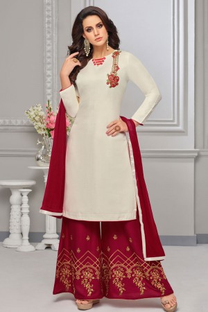 Beautiful Off White Rayon and Cotton Embroidered Work Party Wear Plazo Slawar Suit