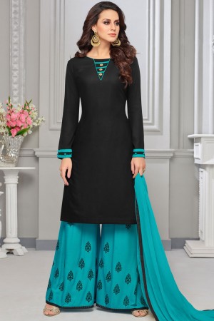 Supreme Black Rayon and Cotton Embroidered Work Plazo Designer Suits