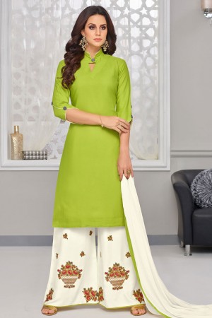 Ultimate Green Rayon and Cotton Embroidered Work Plazo Salwar Suit