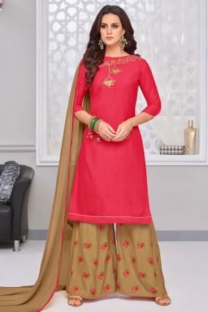 Pretty Pink Rayon and Cotton Embroidered Work Plazo Designer Salwar Suit