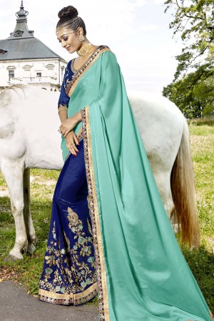Gorgeous Turquoise and Navy Blue Zari Work and Embroidered Work Designer Wedding Saree