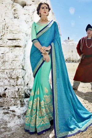 Graceful Blue and Turquoise Banglori Silk Embroidered Work Saree