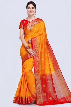 Graceful Orange Silk Printed Designer Saree Party Wear