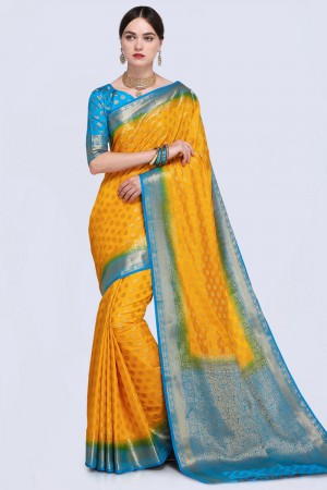 Excellent Yellow Silk Printed Designer Saree