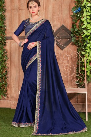 Stylish Blue Fancy Fabric Border Work Designer Saree