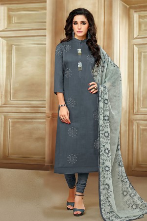 Lovely Grey Cotton Embroidered Work Sharara Plazo Salwar Suit