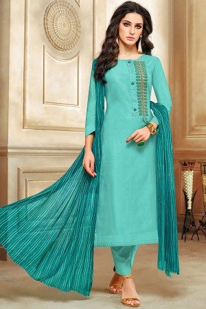 Desirable Blue Cotton Embroidered Work Salwar Suit