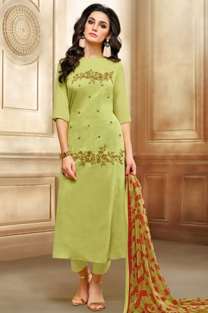 Lovely Green Cotton Salwar Suit With Chiffon Dupatta