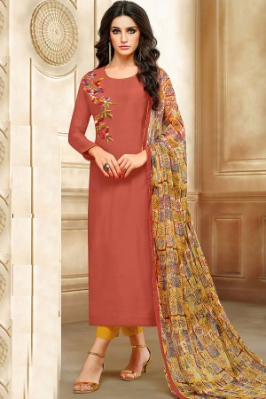 Classic Brown Cotton Embroidered Work Salwar Suit