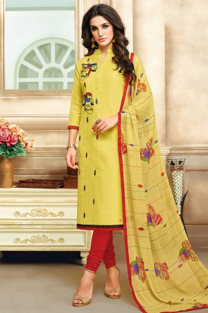 Supreme Yellow Cotton Embroidered Work Salwar Suit