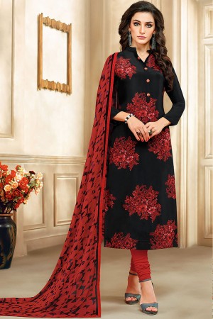 Pretty Black Cotton Embroidered Work Salwar Suit With Chiffon Dupatta
