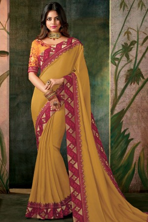 Desirable Yellow Designer Silk Embroidered Work Saree