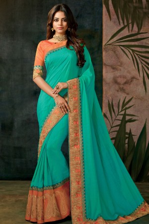 Pretty Turquoise Silk Embroidered Work Designer Saree