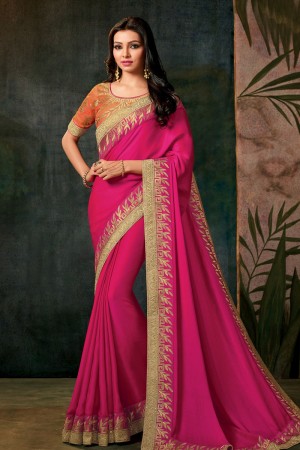 Lovely Pink Silk Embroidered Work Designer Saree