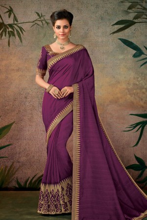 Beautiful Purple Silk Embroidered Work Designer Saree