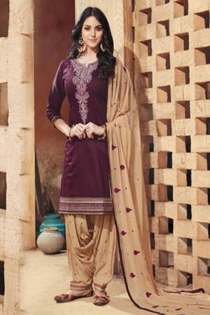 Gorgeous Maroon Cotton Satin Embroidered Work Patiala Salwar Suit
