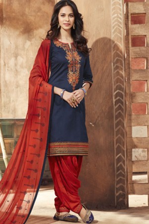 Charming Blue Cotton Satin Embroidered Work Patiala Slawar Suit