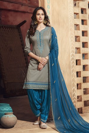 Desirable Grey Cotton Satin Embroidered Work Patiala Salwar Suit