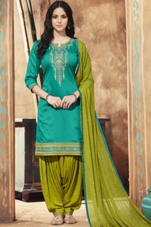Lovely Green Cotton Satin Embroidered Work Patiala Designer Suits