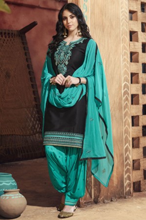Gorgeous Black Cotton Satin Embroidered Work Patiala Designer Suits