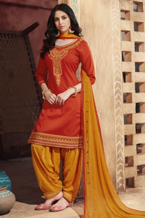 Stylish Orange Cotton Satin Embroidered Work Patiala Designer Salwar Suit