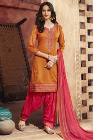 Beautiful Orange Cotton Satin Embroidered Work Patiala Party Wear Salwar Suit