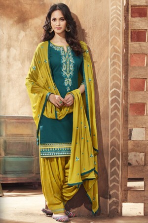Admirable Green Cotton Satin Embroidered Work Patiala Suit