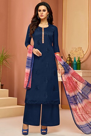 Classic Navy Blue Cotton Satin Embroidered Work Plazo Party Wear Salwar Suit