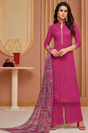 Gorgeous Pink Cotton Satin Embroidered Work Plazo Slawar Suit