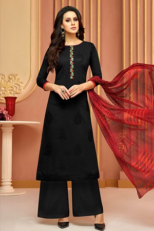 Excellent Black Cotton Satin Embroidered Work Plazo Party Wear Salwar Suit