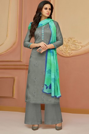 Graceful Grey Cotton Satin Embroidered Work Plazo Designer Salwar Suit