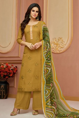 Supreme Yellow Cotton Satin Embroidered Work Plazo Designer Suits