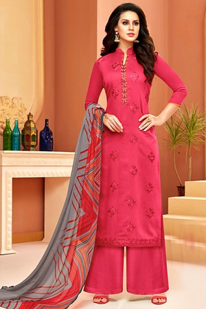 Pretty Magenta Cotton Satin Embroidered Work Plazo Designer Party Wear Salwar Suit