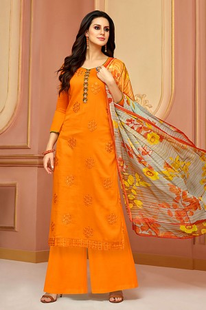Stylish Orange Cotton Satin Embroidered Work Plazo Party Wear Designer Suits