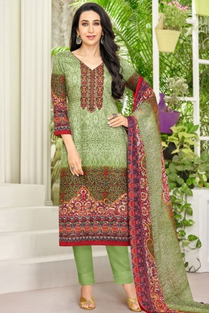 Karisma Kapoor Charming Green Satin Printed Casual Wear Designer Salwar Suit